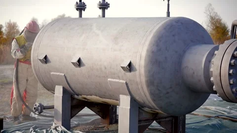 Processes metal with a stream of sand Stock Footage 142497377