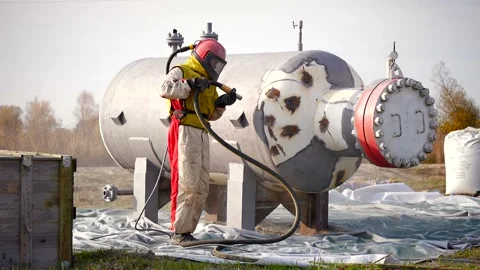 Processes metal with a stream of sand Stock Footage 142497421