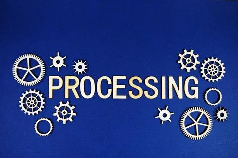 Processing alphabet letters with gears element on navy blue background 库存照片