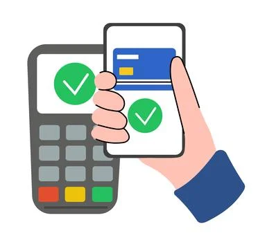 Processing of App Smartphone payment. POS terminal and hand holding phone Stock Illustration