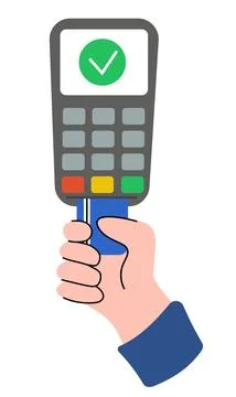 Processing of card payment. POS terminal with hand holding debit or credit cards Stock Illustration