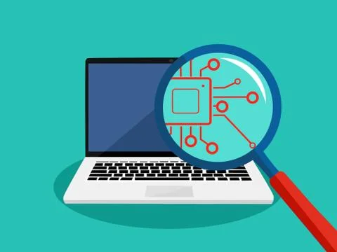 Processing circuit in a magnifying glass and a laptop. Computer processing Stock Illustration