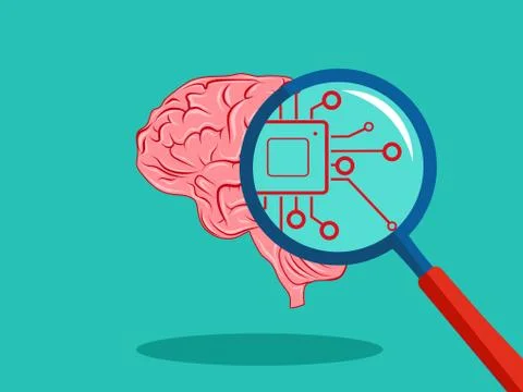 Processing circuit on a magnifying glass and human brain. vector illustration Stock Illustration