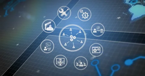 Processing data and connections, animation over technical icons on grid Video stock 303684463