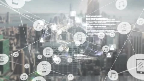 Processing data and connections, animation over cityscape Stock Footage 330106104