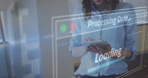 Processing data and loading animation over woman using tablet Video stock 305292366