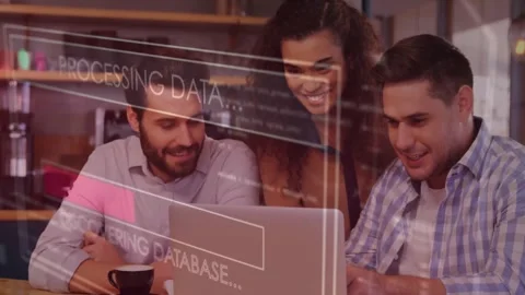 Processing data and querying database animation over colleagues working on Stock Footage 329924584