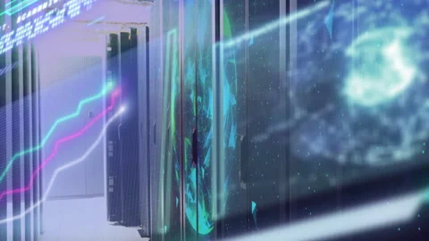 Processing data, animation over servers in high-tech center, technology focus 库存影片 303608619