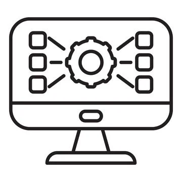 Processing data on computer, gear and boxes representing processing operation 스톡 일러스트