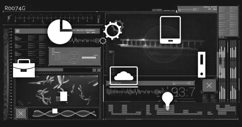 Processing data with digital interface elements over technological background Stock Footage 305220604
