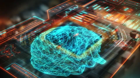 Processing data in digital space with hologram brain and code flow Stock Footage 313583116
