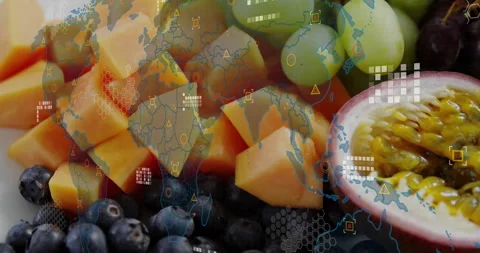Processing data with digital world map, fresh fruit assortment on table Stock Footage 305189292