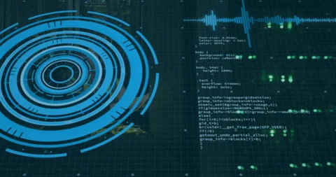 Processing data in futuristic animation over computer code and circular digital Stock Footage 303685798