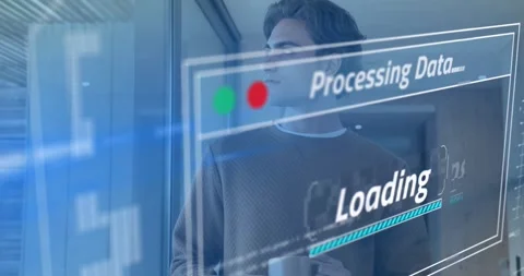 Processing data HUD appearing around woman holding mug in tech office, she Stock Footage 320088516