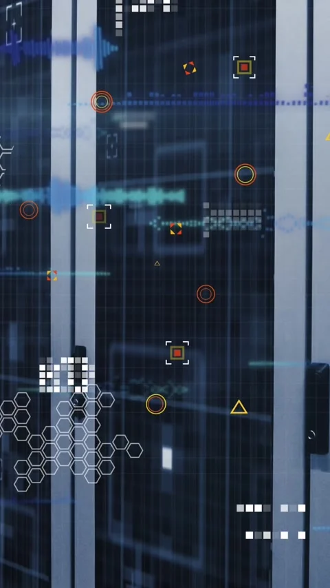Processing data moving over computer servers in server room Stock Footage 344525422