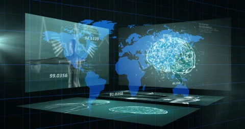 Processing data over digital grid, world maps and brain scans animated Stock Footage 303684746