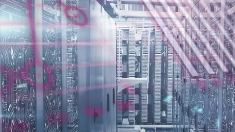 Processing data over server racks in data center, animated visualization Stock Footage 303538628