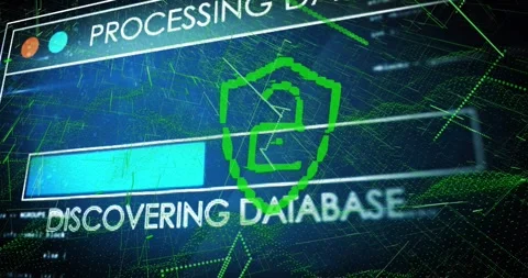Processing Data panel sliding, green shield lock emblem drawing and filling Stock Footage 328485964
