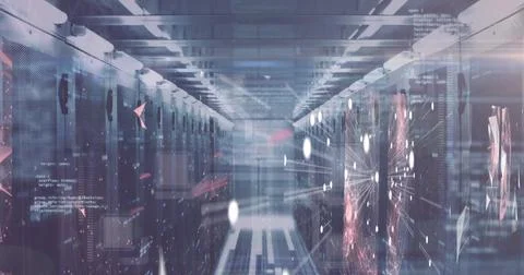 Processing data, servers in high-tech center with digital graphics overlay Stock Photos