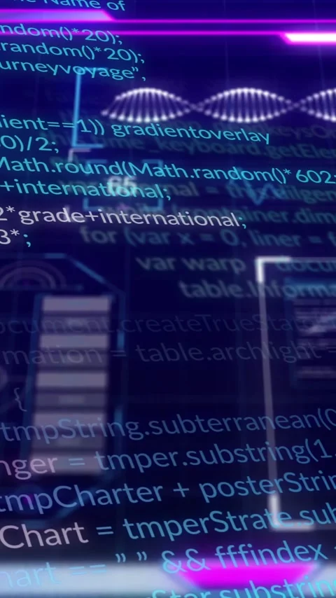 Processing digital code, futuristic interface with neon lights in animation Stockbeeldmateriaal 319617383