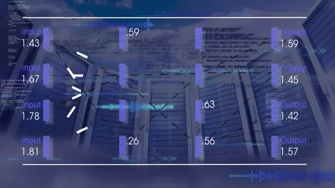 Processing digital data, animation over abstract architecture with input-output 스톡 동영상 304015301