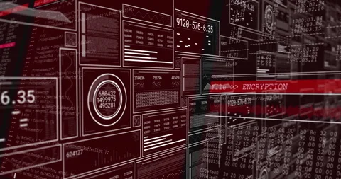 Processing digital encryption data with complex codes and graphs in red tones Stock Footage 303608673