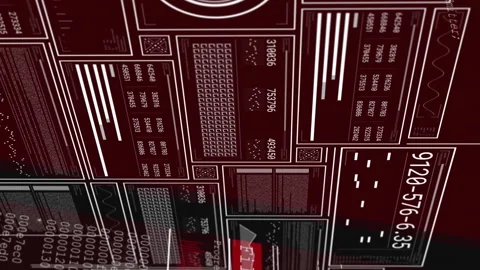 Processing digital encryption data with complex codes and graphs in red tones Stock Footage 313378919