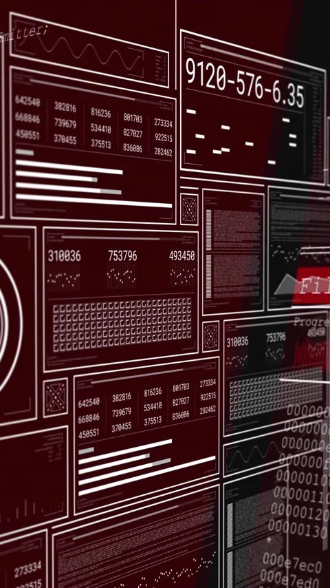 Processing digital encryption data with complex codes and graphs in red tones Stock Footage 319811494