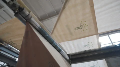 Processing the ecological textile material for bag manufacturing at the factory Video stock 206097611