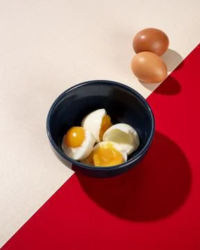 Processing eggs by boiling them until they are fully cooked, usually the eg.. Stock Photos