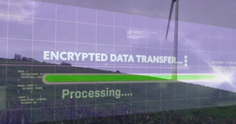 Processing encrypted data, animation over rural landscape with wind turbine in Stock Footage 306251074