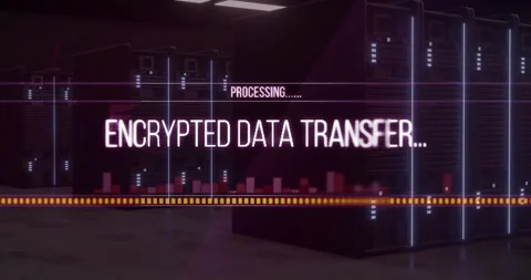 Processing encrypted data transfer animation in server room background Stock Footage 304767208