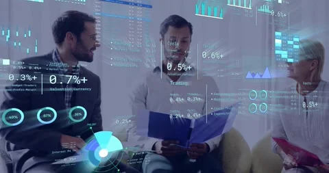 Processing financial data animation over business people discussing documents in Stock Footage 330248577