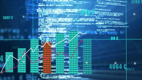 Processing financial data, bar and line graphs animation over digital code Видео 305021600