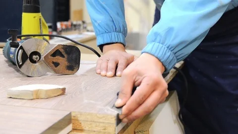 Processing furniture part edge Stock Footage 73869947