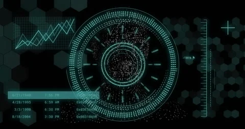 Processing futuristic data with circular and hexagonal elements on digital Stock Footage 303462748