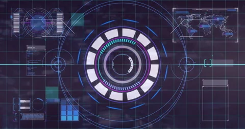 Processing futuristic data, digital interface with circular and grid elements Stock Footage 305221873
