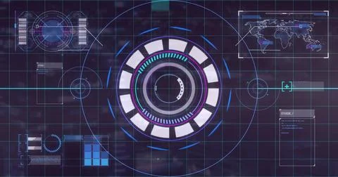 Processing futuristic data, digital interface with circular and grid elements Stock Photos