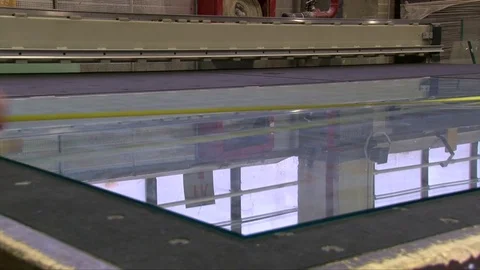 Processing of glass edge, factory of processing of sheet glass on the machines Stock Footage 76463331