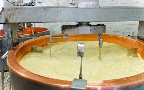Processing of Gruyere de Comte Cheese in dairy of France Stock-Fotos