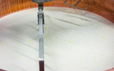 Processing of Gruyere de Comte Cheese in French dairy Stock Photos