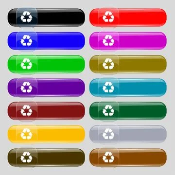 Processing icon sign. Set from fourteen multi-colored glass buttons with plac Stock Illustration