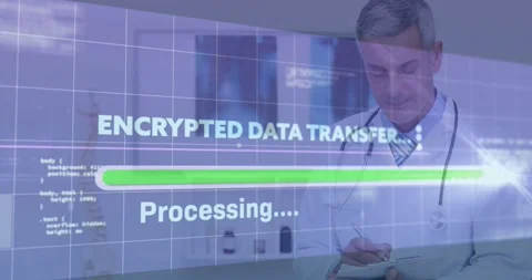 Processing initiating encrypted overlay for secure data, clinician writing as Stock Footage 331571084