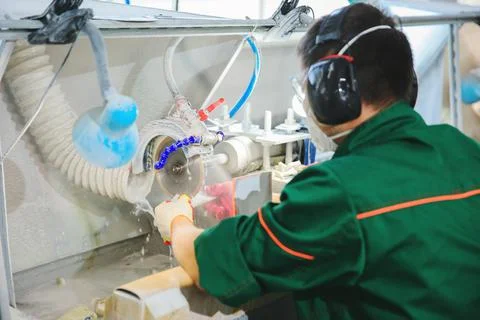 Processing of jade. Industrial jewelry manufacturing. Sacred stone of China Stock Photos