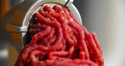 Processing lard or meat in minced meat on a huge meat grinder at a meat factory Stockbeeldmateriaal 113332095