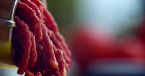 Processing lard or meat in minced meat on a huge meat grinder at a meat factory Stockbeeldmateriaal 113888302