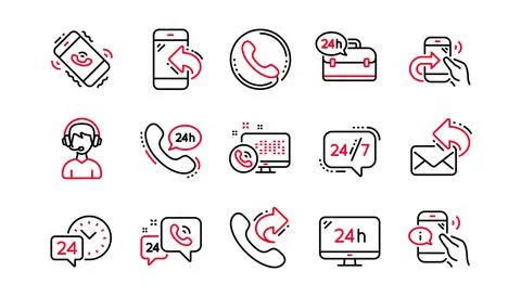 Processing line icons. Call center, Support and Chat message. Linear icon set Stock Illustration