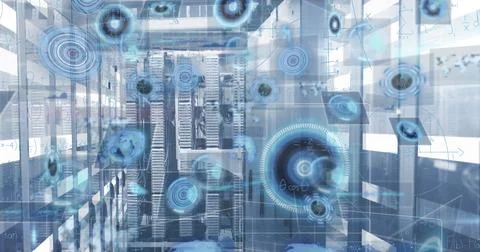 Processing main server rack projecting hologram overlays in data room, with LED Stock Photos