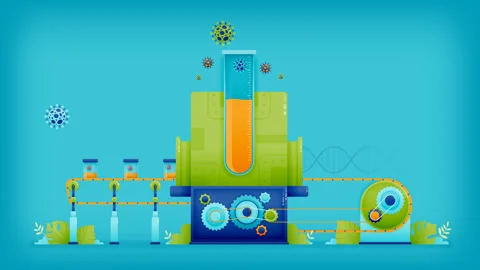 Processing manufacturing plant for covid 19 virus dna vaccine with conveyor.. Stock Footage 256874742