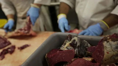 Processing meat butcher cutting beef in assembly line 스톡 동영상 40667758
